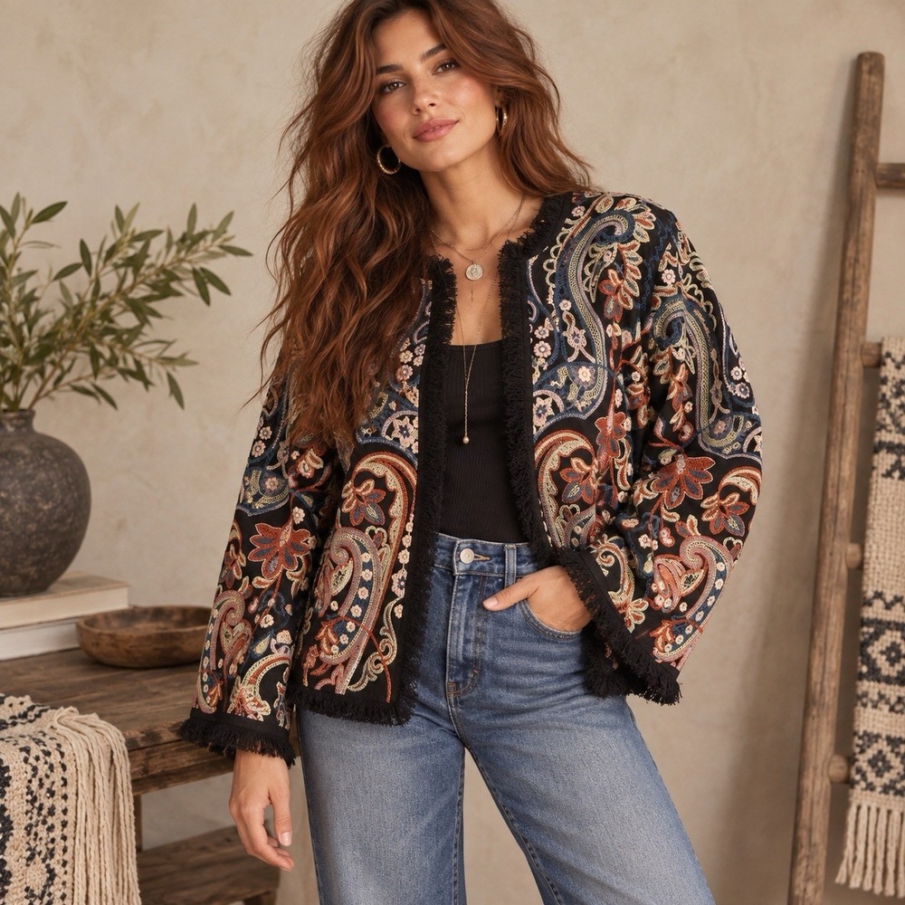 Maison Hotel M Suresh Jacket Black Embroidered Paisley Fringe Boho Artisan